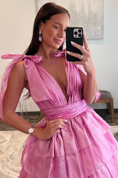 Pink V Neck Tiered Taffeta Long Prom Dresses with Bow VK23112602