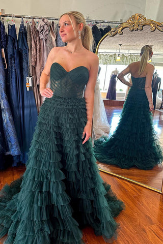 Dark Green Ruffle Tiered Tulle Strapless Long Prom Dresses VK24051005
