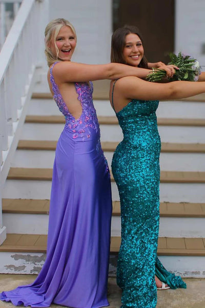 Cute Mermaid V Neck Purple Satin Slit Prom Dresses with Appliques