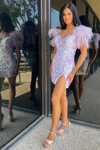 Stylish Sheath Fuchsia/Lilac Short Homecoming Dress with Feather VK23083102