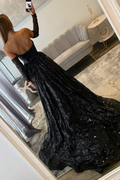 Attractive Strapless Black Sequins Lace Long Prom Dresses with Sleeves VK26020708