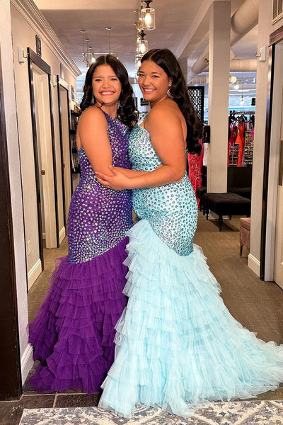 Purple One Shoulder Beaded Ruffle Long Prom Dress VK23122301
