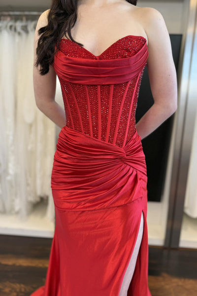 Mermaid Sweetheart Red Satin Prom Dress with Hot Stone VK1106