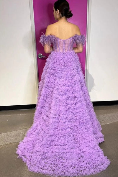 Princess A Line Off the Shoulder Purple Long Prom Dress with Feather VK23101611
