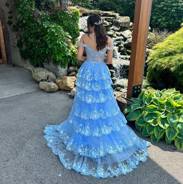 Cute A Line Off the Shoulder Blue Tulle Long Prom Dresses with Appliques VK23051903