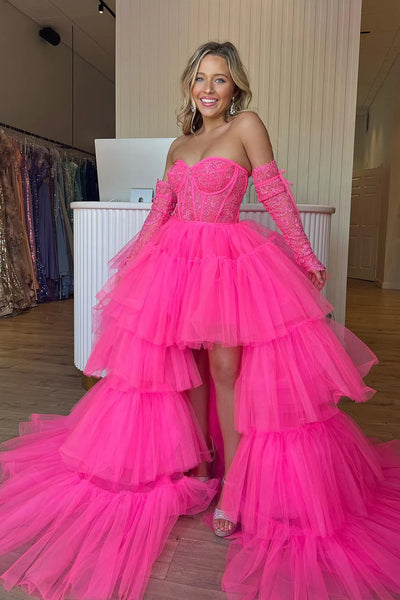 Cute Hot Pink High Low Detachable Sleeves Tiered Tulle Homecoming Dress with Lace VK23101305