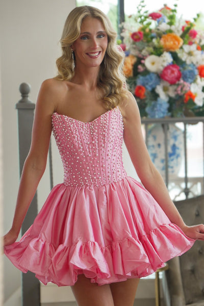 A Line V Neck Pink Satin Homecoming Dress with Beading VK26081205