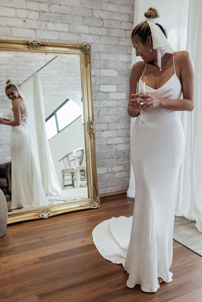 strappy mermaid wedding dress Elegant Spaghetti Straps Mermaid Wedding Dresses With Applique Court Train,MW325