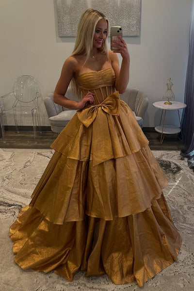 Ball Gown Strapless Light Blue Organza Tiered Long Prom Dress with Bow VK021311
