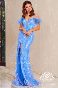 Light Blue Cold Shoulder Sequin Lace Long Prom Dresses with Fringe VK24010721