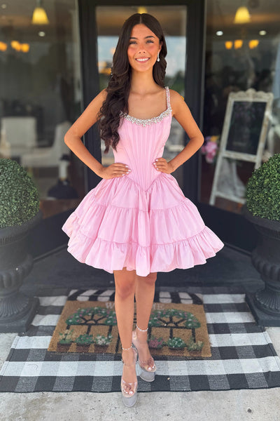 A Line Scoop Neck Pink Satin Homecoming Dress VK26072010