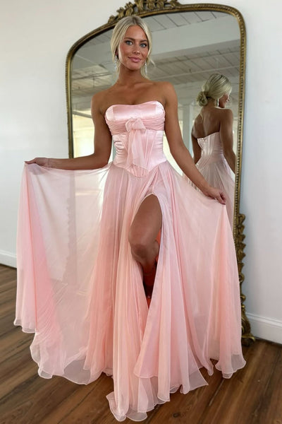 A Line Strapless Light Blue Chiffon Long Prom Dress with Slit VK22804