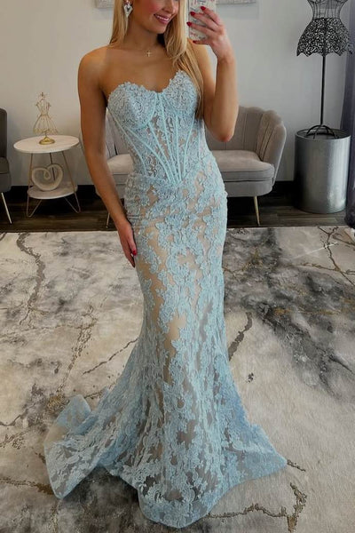 Mermaid Sweetheart Sky Blue Lace Applqiues Long Prom Evening Dresses VK26010709