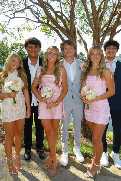 Blush Pink Ruffle Strap Mini Homecoming Dress with Side Cutouts VK25092904