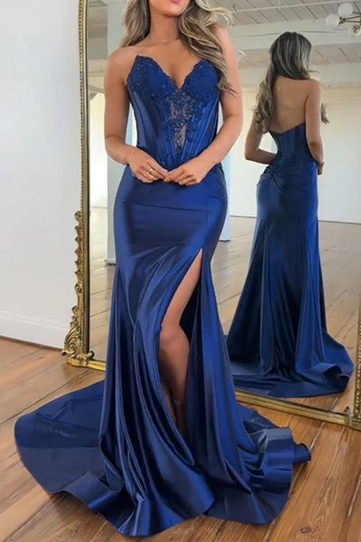 Mermaid Strapless Navy Blue Corset Satin Long Prom Dresses with Slit VK26013101