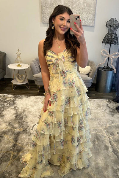 A Line Strapless Yellow Floral Chiffon Tiered Prom Dress with Slit