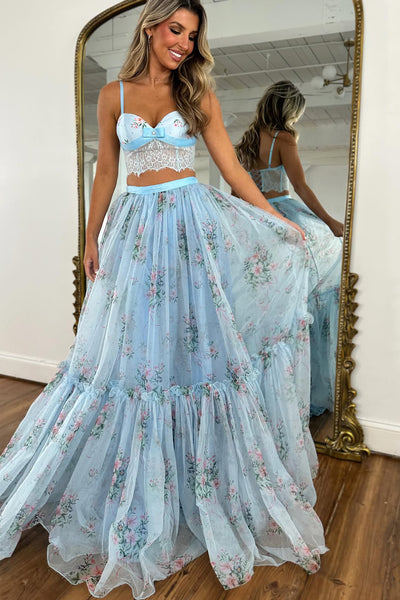 Cute A Line Sweetheart Light Blue Floral Tulle Prom Dress VK26021511