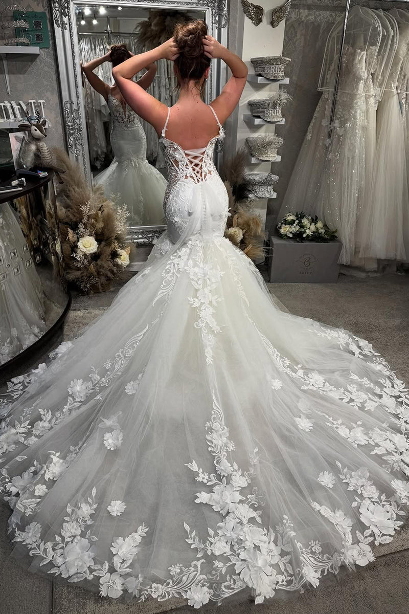 Gorgeous Mermaid V Neck Tulle Long Wedding Dress with Appliques VK25010607