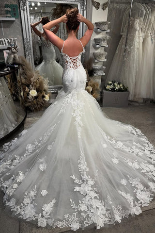 Gorgeous Mermaid V Neck Tulle Long Wedding Dress with Appliques VK25010607