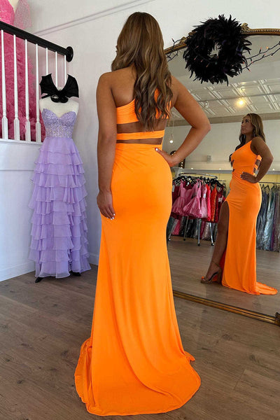 Orange One Shoulder Cut Out Waist Mermaid Prom Dress VK23110302
