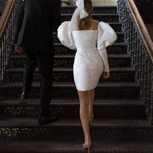 White Satin Short Wedding Dress with Puff Sleeves VK25100201