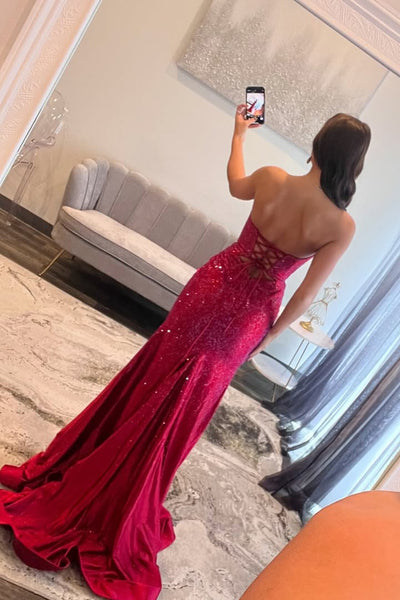 Sparkle Mermaid Sweetheart Keyhole Red Sequin Satin Prom Dresses with Rhinestones VK25100101