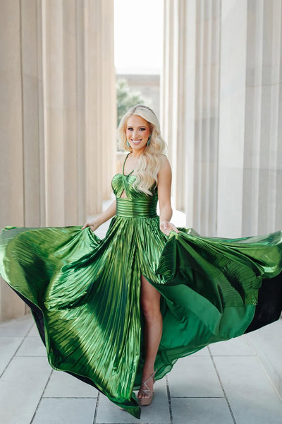 A-Line Halter Green Satin Keyhole Pleated Long Prom Dresses VK25032301