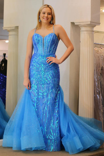 Blue Sequin Lace Sweetheart Mermaid Long Prom Dresses VK23121401