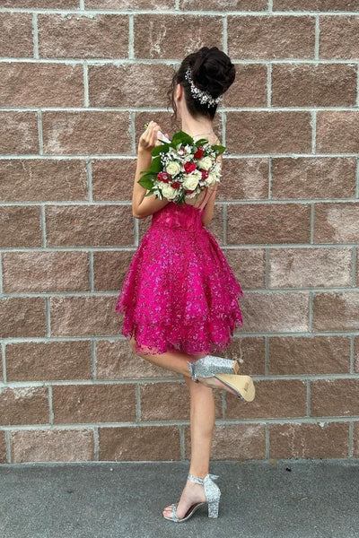 Hot Pink A-Line Sequin Lace Short Homecoming Dresses VK23101210
