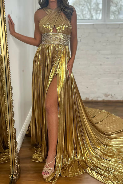 Glitter Golden A-Line Beaded Metallic Long Prom Dress with Slit VK23122005