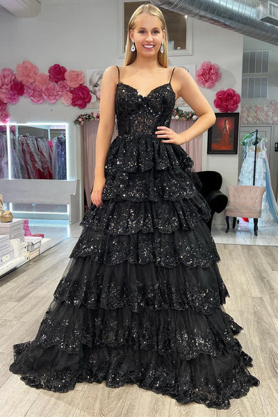 Black Tulle Sequin Tiered Long Gown with Spaghetti Straps VK23092406