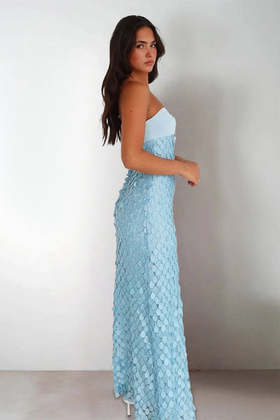 Sheath Strapless Light Blue Satin Sequins Long Prom Dresses VK26010507