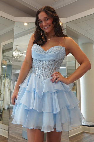 Cute A-Line Sweetheart Blue Ruffle Tiered Chiffon Short Homecoming Dresses with Appliques VK25092308