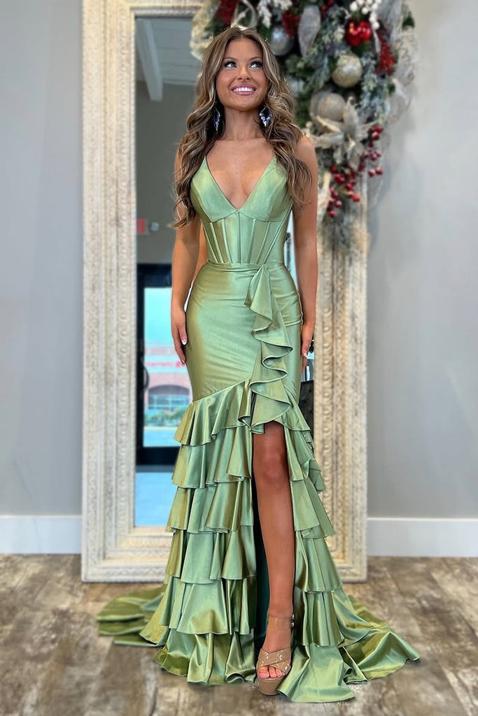 Sweet Mermaid V Neck Sage Satin Tiered Prom Dress with Slit VK24122403 ...