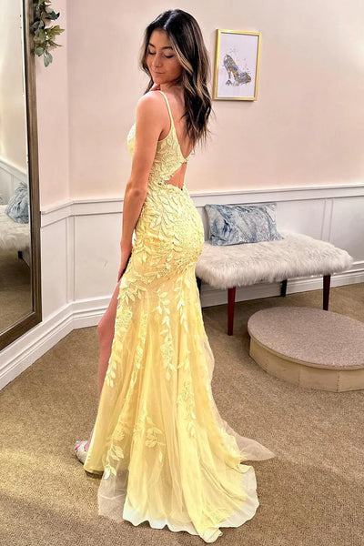 Spaghetti Straps Yellow Long Prom Dress with Appliques VK23101306