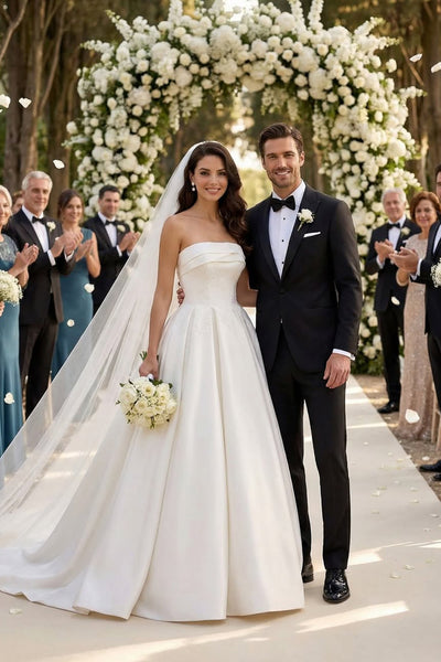 Elegant A-Line Strapless White Satin Wedding Dresses VK26011003