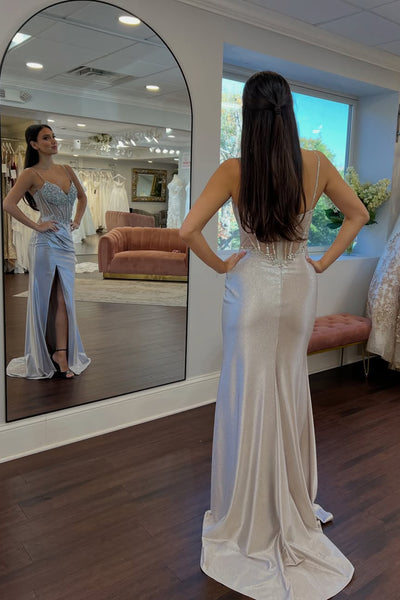 Mermaid V Neck Spaghetti Straps Silver Satin Corset Long Prom Dresses with Slit VK26011001