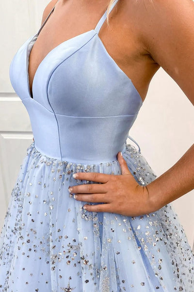 A Line Spaghetti Straps Light Blue Long Prom Dress with Beading VK23101008