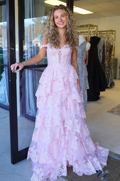 Gorgeous A Line Off the Shoulder Pink Tiered Prom Dress with Slit VK25122905