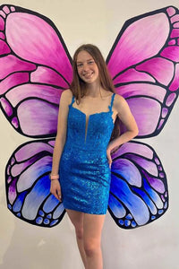 Sparkly Blue Corset Sequins Tight Short Homecoming Dress with Lace VK230817010