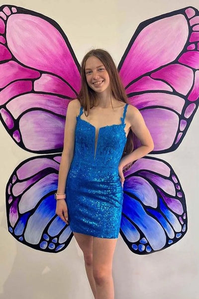 Sparkly Blue Corset Sequins Tight Short Homecoming Dress with Lace VK230817010