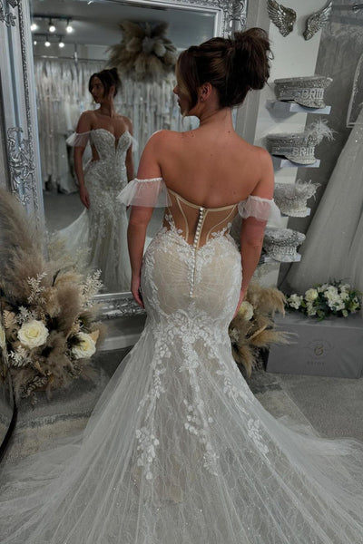 Romantic Mermaid Off the Shoulder Lace Tulle Wedding Dresses with Appliques