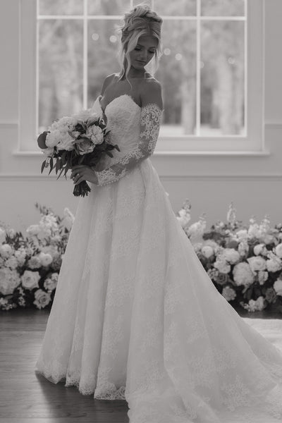 A-Line Strapless White Lace Wedding Dresses with Sleeves VK26102906