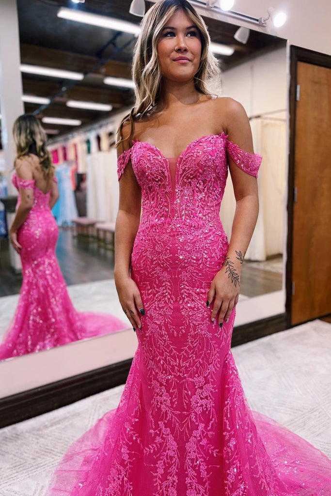 Hot Pink Off the Shoulder Sequin Lace Long Mermaid Prom Dress VK23100403 – Vickidress