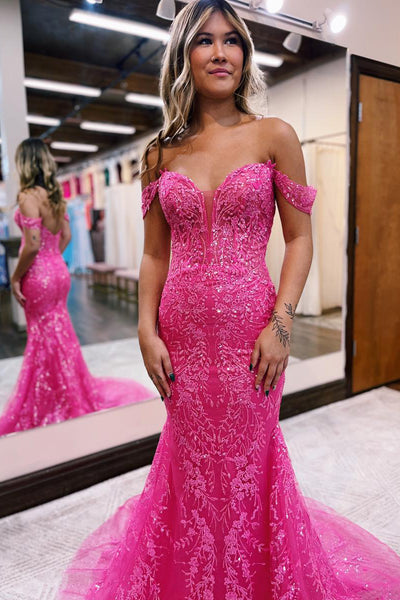 Hot Pink Off the Shoulder Sequin Lace Long Mermaid Prom Dress VK23100403