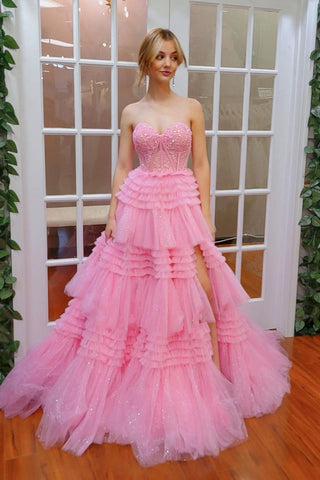 Pink Sweetheart Ruffle Tiered Tulle Long Prom Dresses with Appliques VK24032205