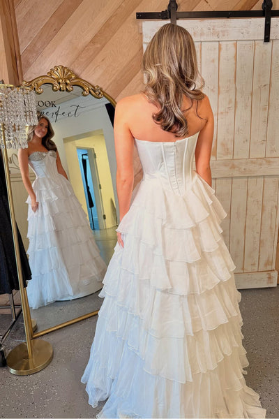 Gorgeous A Line Sweetheart White Tiered Chiffon Prom Dress with Beading VK102703