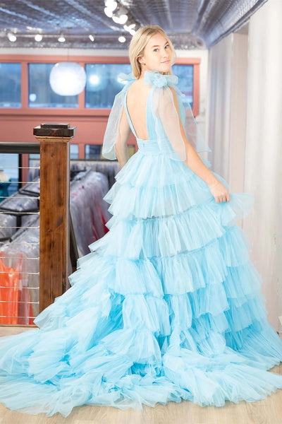 Princess Ball Gown V Neck Ruffle Tiered Tulle Prom Dresses VK23113002
