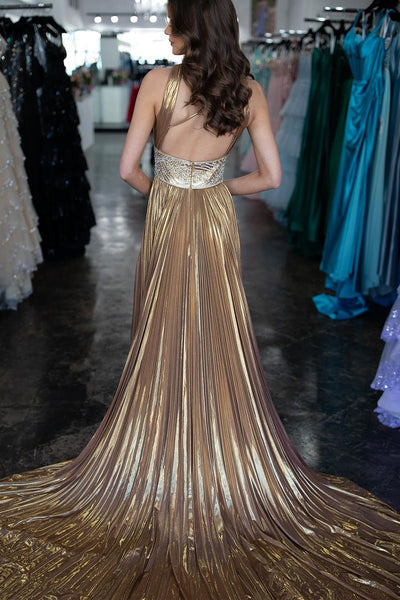 Gold Halter Pleated Satin Long Prom Dress with Beading VK24031304