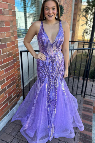 Purple Mermaid V Neck Sequin Appliques Long Prom Dresses VK23111103